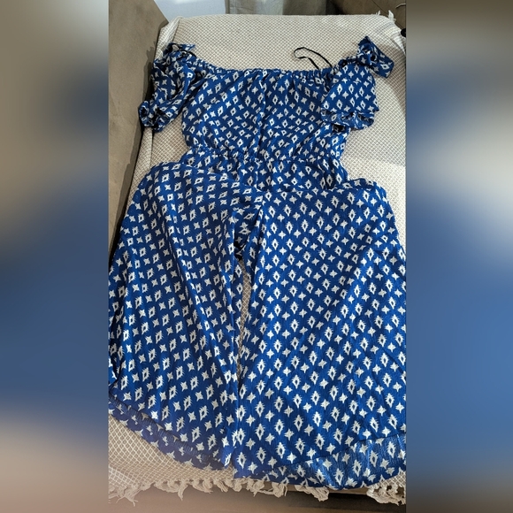 AUW Pants - AUW Blue and White Patterned Bohemian Jumpsuit